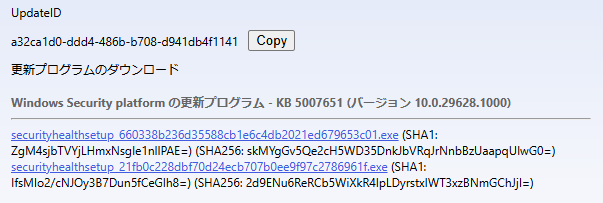 「KB5007651 (バージョン 10.0.29628.1000)」のダウンロードページ